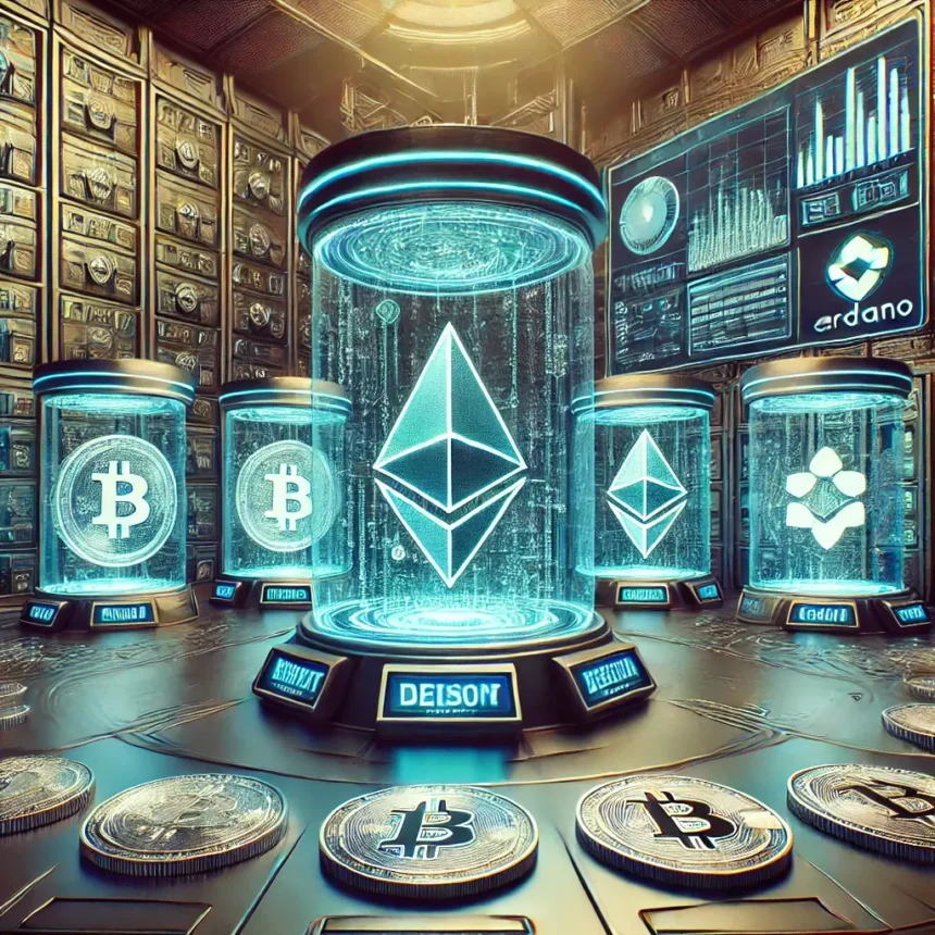 futuristic blockchain vault where Ethereum, Cardano, and Solana coins are locked for staking, with holographic screens displaying staking rewards and network security metrics.