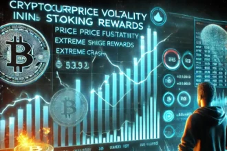 extreme crypto price volatility impacting staking rewards, with a concerned investor monitoring declining earnings.