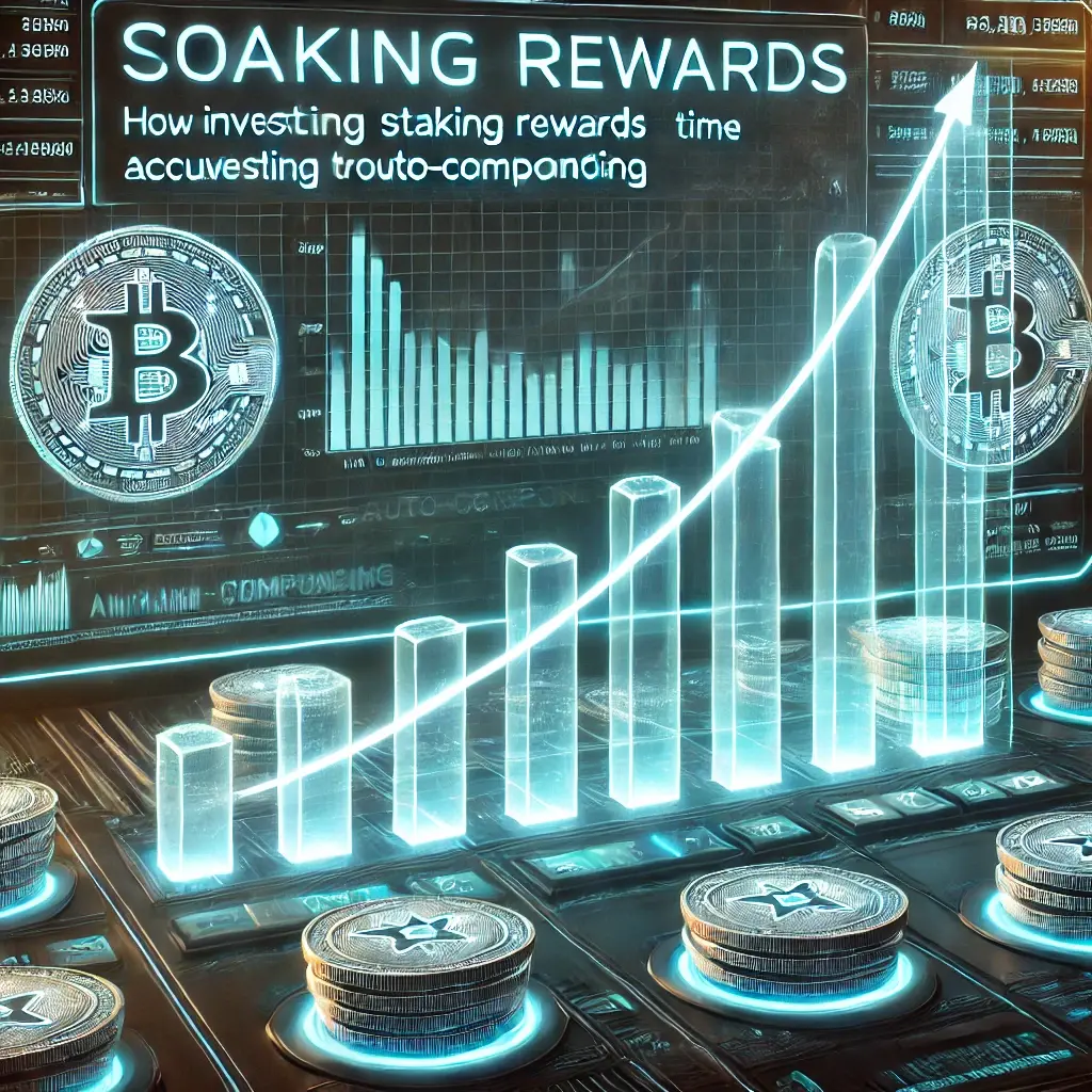 digital illustration of a futuristic financial dashboard displaying the exponential growth of compounding staking rewards.