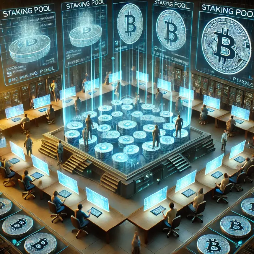 digital illustration of a cryptocurrency staking pool distributing rewards among participants through a futuristic blockchain network.