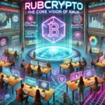 RubCrypto logo, with holographic crypto tutorials, blockchain insights, and interactive market analysis screens.