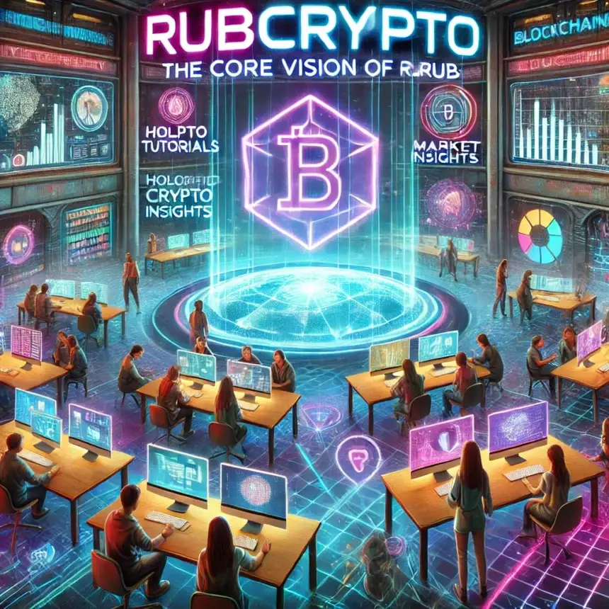 RubCrypto logo, with holographic crypto tutorials, blockchain insights, and interactive market analysis screens.