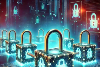 A digital blockchain with interconnected blocks and security locks, symbolizing data immutability.