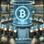 cryptocurrency contact hub with holographic communication screens, blockchain-based chat support, and the RubCrypto logo prominently displayed.