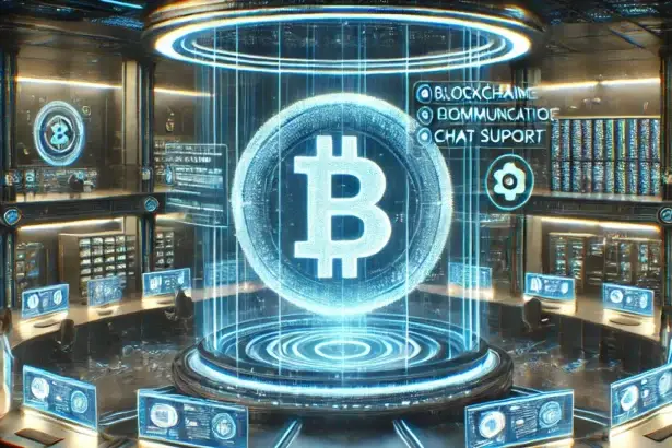 cryptocurrency contact hub with holographic communication screens, blockchain-based chat support, and the RubCrypto logo prominently displayed.