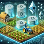 A futuristic farm with digital crops representing cryptocurrencies, where a farmer harvests rewards from glowing liquidity pools, symbolizing yield farming.