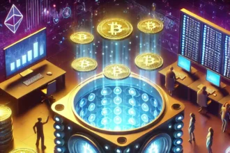 A futuristic digital vault filled with glowing cryptocurrency tokens, representing a liquidity pool, with investors contributing assets and earning rewards.