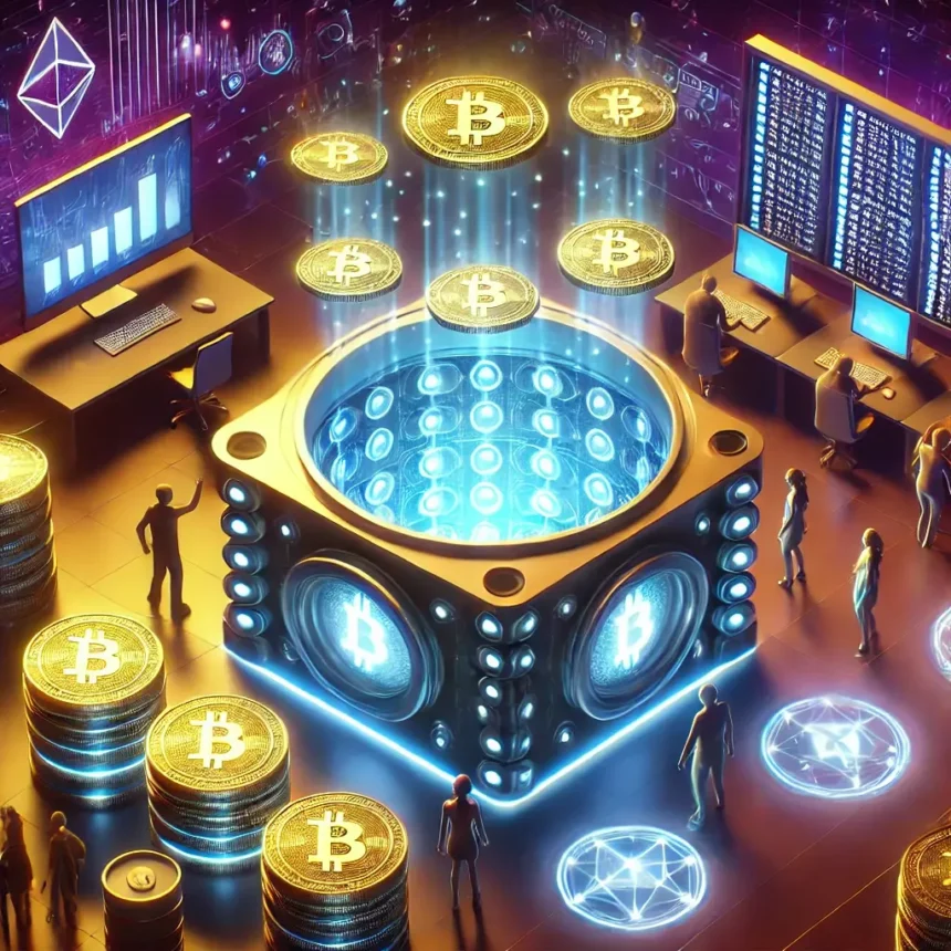 A futuristic digital vault filled with glowing cryptocurrency tokens, representing a liquidity pool, with investors contributing assets and earning rewards.