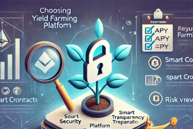 Illustration depicting key factors for choosing a yield farming platform, including security, transparency, APY rates, and risk-reward balance.