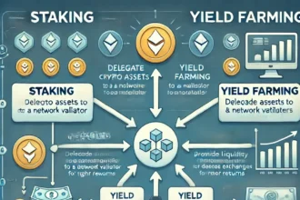 Illustration showing the relationship between yield farming and staking, with a flowchart of assets being staked and used in liquidity pools.