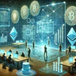 A team of cybersecurity experts analyzing smart contracts on transparent holographic screens in a high-tech environment, symbolizing blockchain audit and security.