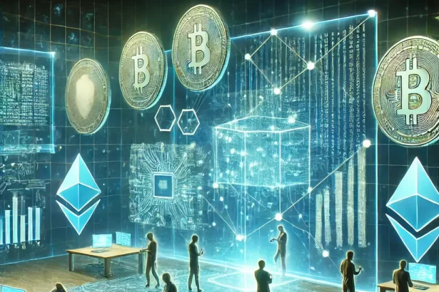 A team of cybersecurity experts analyzing smart contracts on transparent holographic screens in a high-tech environment, symbolizing blockchain audit and security.