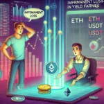 An illustration of two liquidity providers adding ETH and USDT to a DeFi liquidity pool, with a fluctuating price graph showing impermanent loss effects.