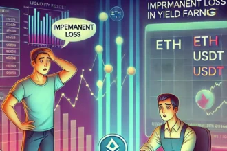 An illustration of two liquidity providers adding ETH and USDT to a DeFi liquidity pool, with a fluctuating price graph showing impermanent loss effects.