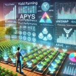 An illustration of a DeFi farmer analyzing multiple yield farming strategies on a futuristic dashboard, optimizing returns from liquidity pools.