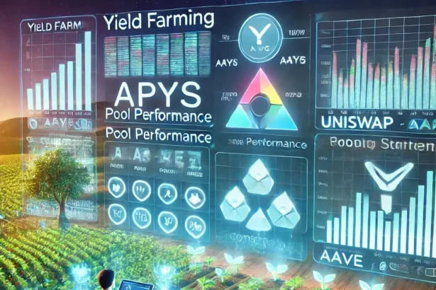 An illustration of a DeFi farmer analyzing multiple yield farming strategies on a futuristic dashboard, optimizing returns from liquidity pools.