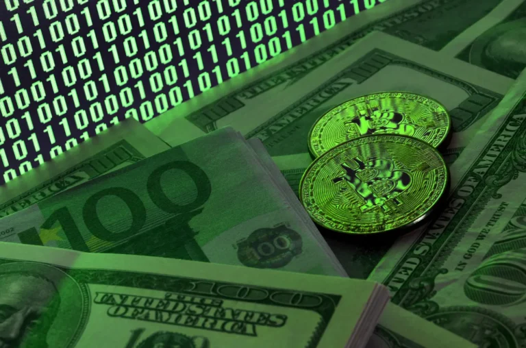 image depicting Bitcoin coins, stacks of U.S. dollar bills, and binary code, symbolizing cryptocurrency mining profitability.