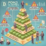 Ponzi scheme illustration showing a pyramid structure with investors at different levels.