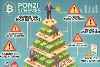 Ponzi scheme illustration showing a pyramid structure with investors at different levels.