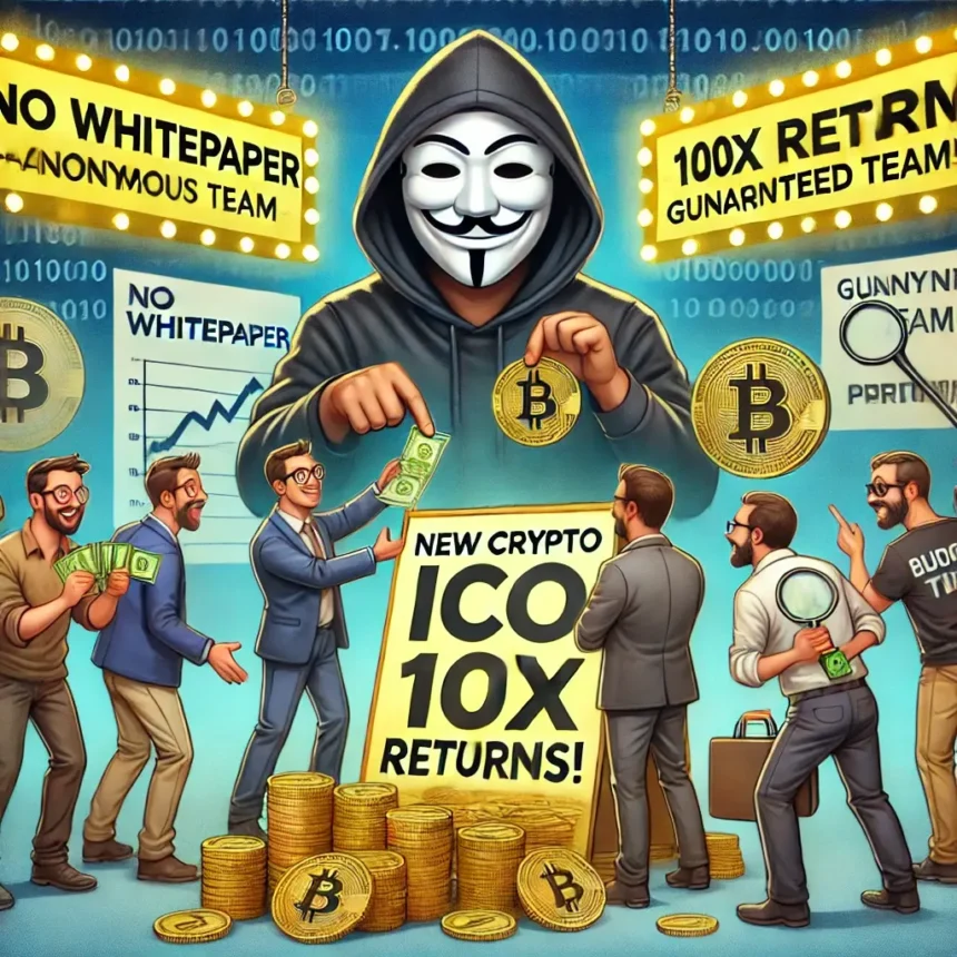 Illustration of a fraudulent Initial Coin Offering (ICO) scam.