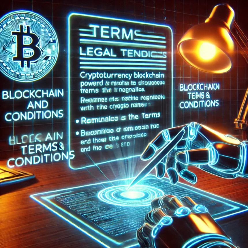 futuristic blockchain-powered legal document with holographic terms displayed on a digital interface.