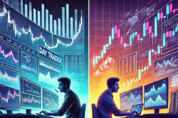 A side-by-side comparison of day trading and swing trading, featuring a trader monitoring multiple screens for short-term trades on one side and another trader analyzing long-term price trends on the other.