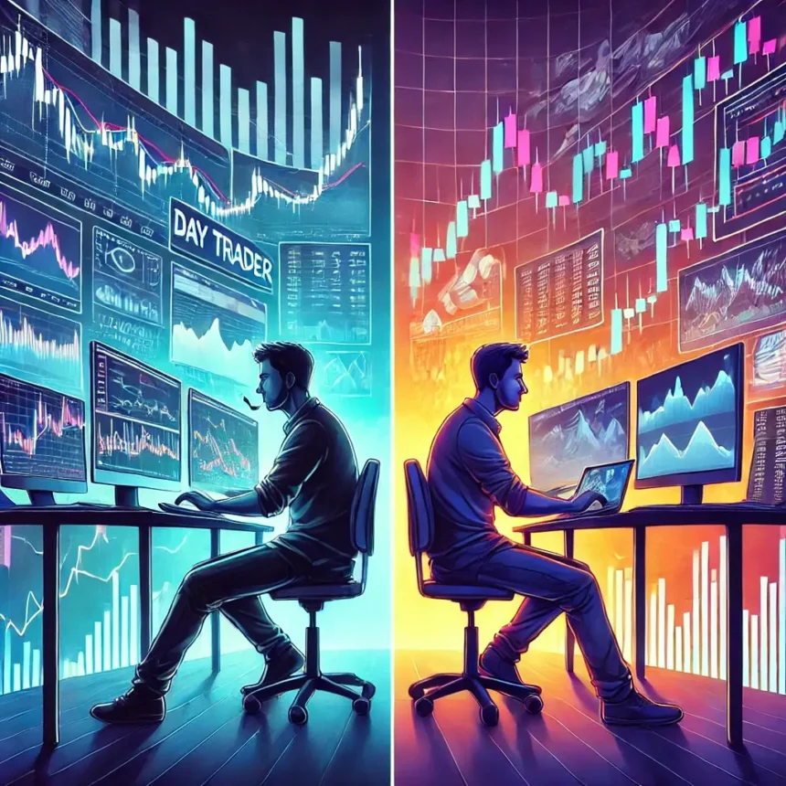 A side-by-side comparison of day trading and swing trading, featuring a trader monitoring multiple screens for short-term trades on one side and another trader analyzing long-term price trends on the other.