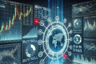 A visual representation of an automated crypto trading bot, analyzing market trends and executing trades on a digital exchange.