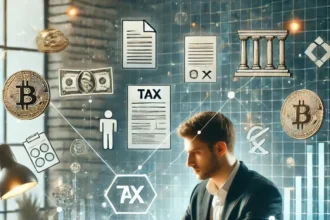 Illustration of a trader reviewing tax documents related to cryptocurrency transactions.