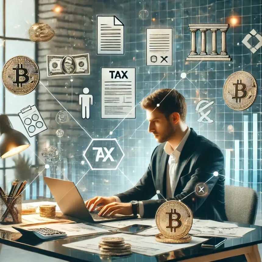 Illustration of a trader reviewing tax documents related to cryptocurrency transactions.