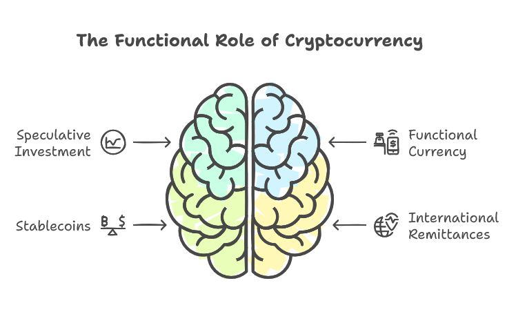 the functional role of cryptocurrency, dividing it into speculative investment, stablecoins, functional currency, and international remittances.