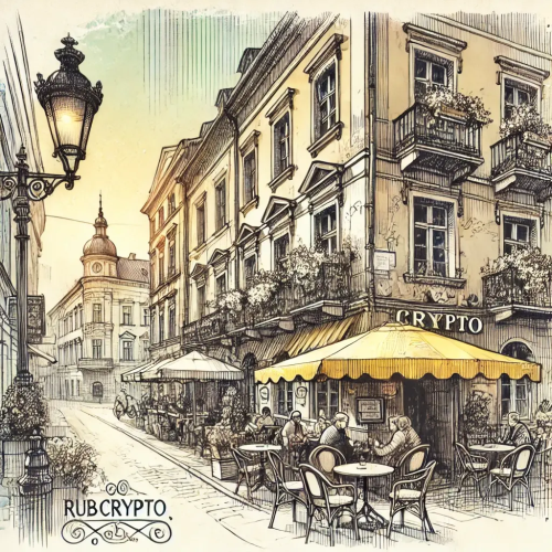 A cozy European café with "RUBCRYPTO" branding, where people are relaxing, enjoying coffee, and earning passive income through crypto investments. The warm atmosphere, yellow awning, and vintage architecture create a sense of financial ease and leisure.