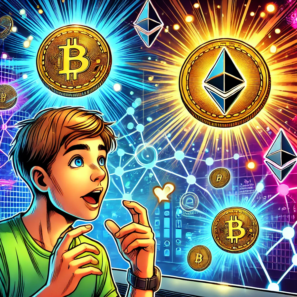 A comic-style illustration of an excited young person looking at glowing Bitcoin and Ethereum coins floating in a futuristic digital network.