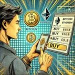 A comic-style illustration of a person purchasing Bitcoin and Ethereum on a digital exchange platform.