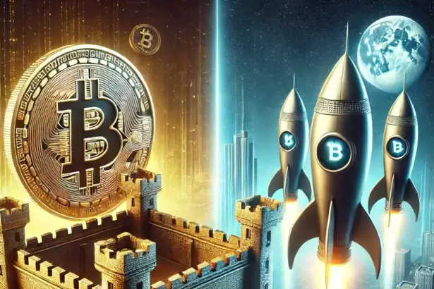 A realistic split-screen digital illustration of Bitcoin as a golden fortress symbolizing stability and altcoins as futuristic rockets launching into space, representing innovation and high risk.