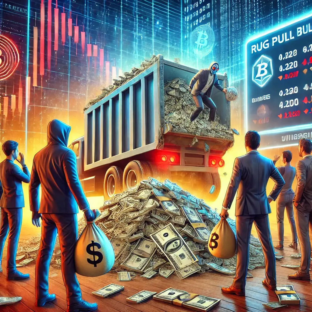digital illustration of a rug pull scam, showing developers escaping with investor funds as a token’s value crashes to zero.