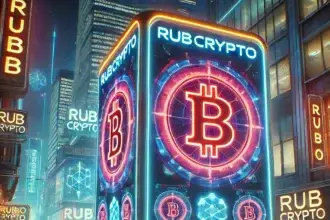 cryptocurrency advertising hub featuring the RubCrypto logo on a high-tech digital billboard in a neon-lit cyberpunk cityscape.