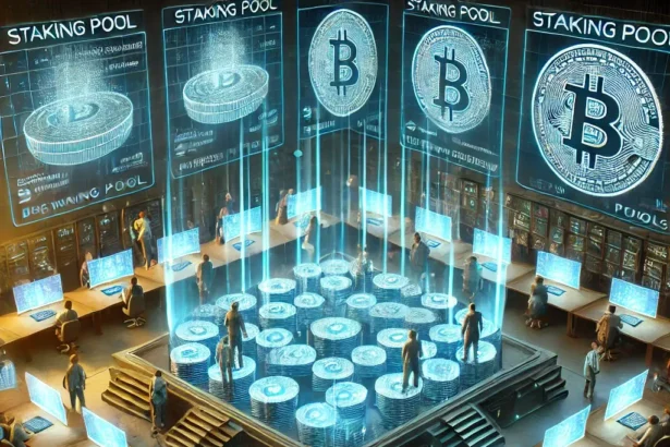 digital illustration of a cryptocurrency staking pool distributing rewards among participants through a futuristic blockchain network.