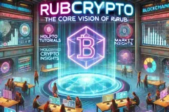 RubCrypto logo, with holographic crypto tutorials, blockchain insights, and interactive market analysis screens.