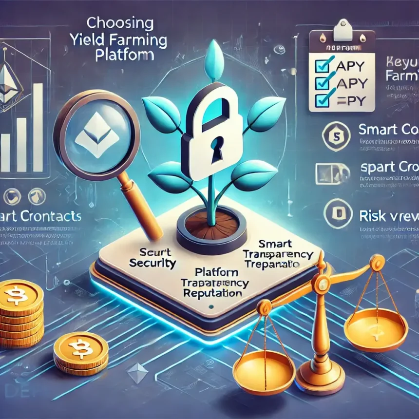 Illustration depicting key factors for choosing a yield farming platform, including security, transparency, APY rates, and risk-reward balance.