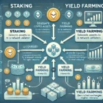 Illustration showing the relationship between yield farming and staking, with a flowchart of assets being staked and used in liquidity pools.
