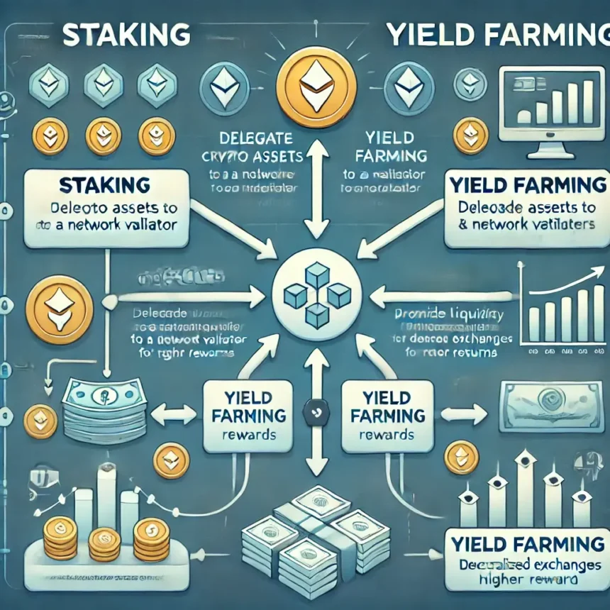Illustration showing the relationship between yield farming and staking, with a flowchart of assets being staked and used in liquidity pools.