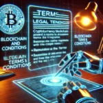 futuristic blockchain-powered legal document with holographic terms displayed on a digital interface.