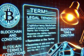 futuristic blockchain-powered legal document with holographic terms displayed on a digital interface.